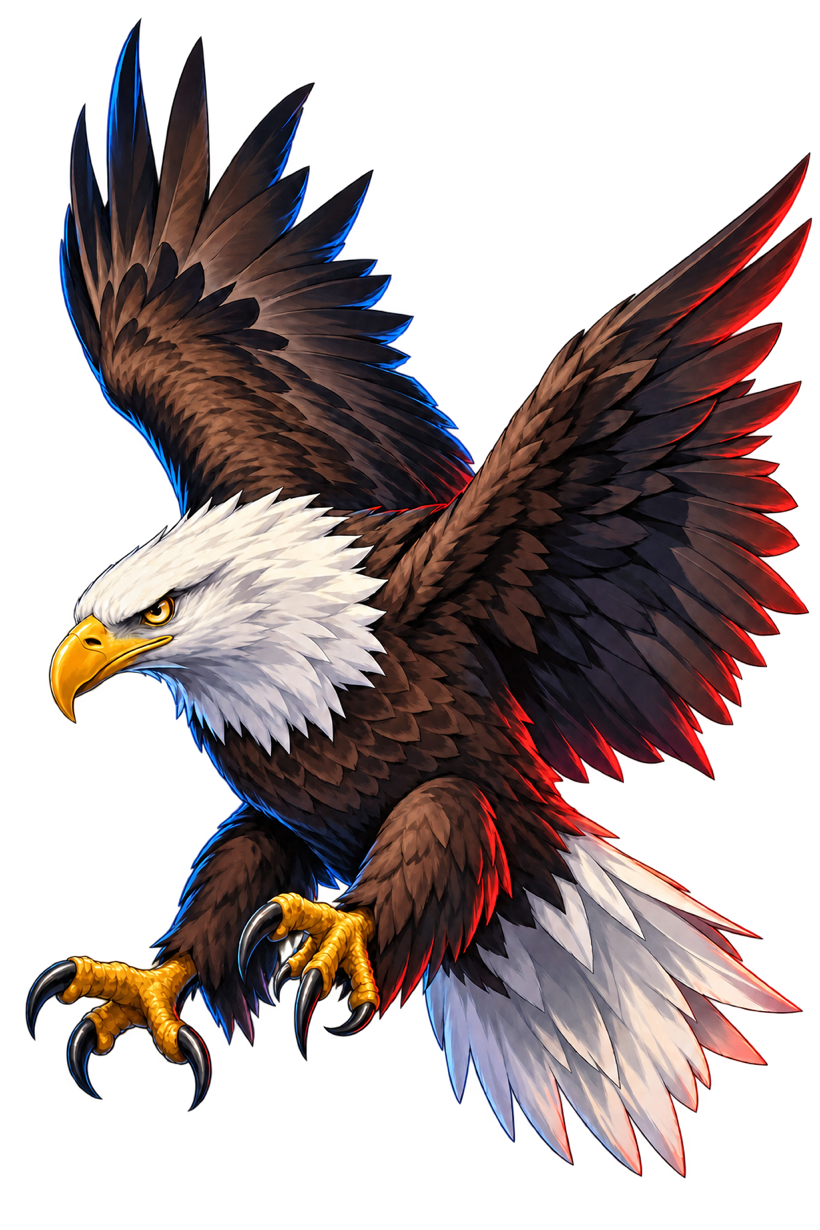 Anime-inspired bald eagle in flight with red and blue rim lighting